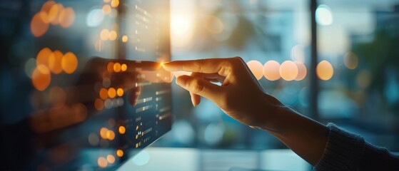 Close-up of hand touching digital screen with code and data in a futuristic interface. Concept: technology, innovation, programming.
