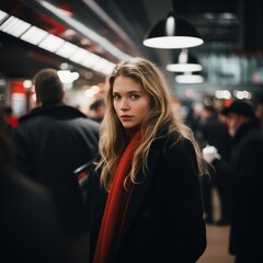 Sticker - a woman in a red scarf standing in a subway station