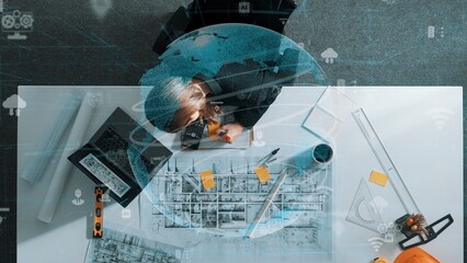 Poster - architect engineer working while working on laptop with sticky notes and calculator to design buildi