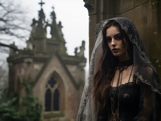 Poster - a woman in gothic dress standing in front of an old church