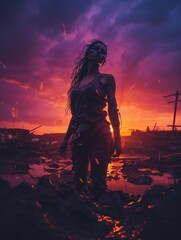 Poster - a woman standing in the mud at sunset