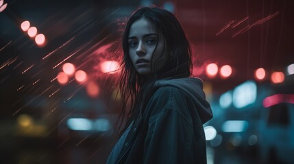 Poster - a woman standing in the rain at night