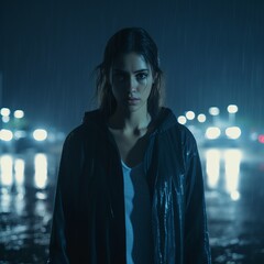 a woman standing in the rain at night