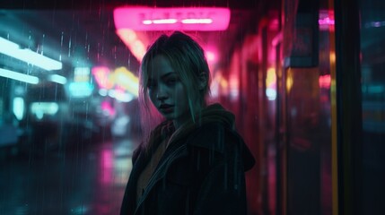 Poster - a woman standing in the rain with neon lights