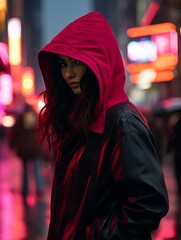 Poster - a woman wearing a red hooded jacket