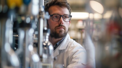 Poster - A portrait of scientist making experiment at science lab while focus on inspecting solution. Close up of chemical engineer looking liquid while wearing glasses and lab coat. Blurred background. AIG42.
