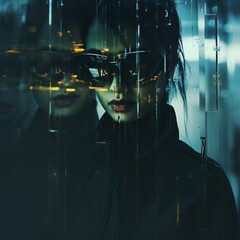 Wall Mural - a woman wearing sunglasses in a dark room