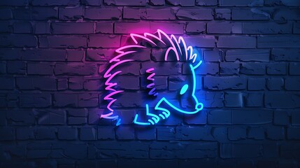 Hedgehog icon with glowing neon colorful lighting on black brick wall