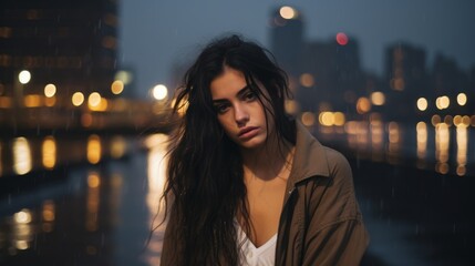 Poster - a woman with long hair standing in front of a body of water at night