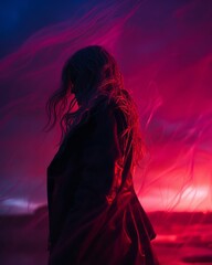 Poster - a woman with long hair standing in front of a pink and purple sky