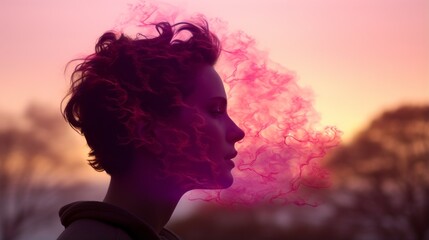 Poster - a woman with pink smoke coming out of her hair