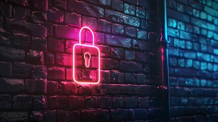 Lock sign with glowing neon colorful lighting on black brick wall