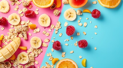 Wall Mural - Muesli with fruits for diet isolated on colorful background