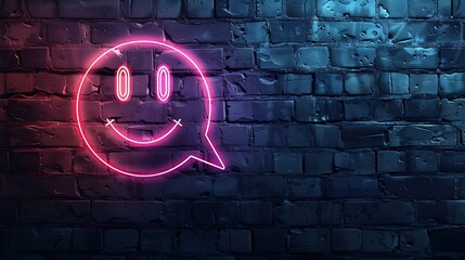 Neon light speech bubble yummy smile line icon with glowing neon colorful lighting on black brick wall