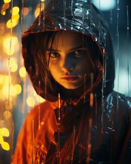 Poster - a young girl in a rain coat standing in front of lights