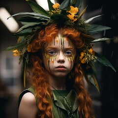 Wall Mural - a young girl with red hair and green face paint