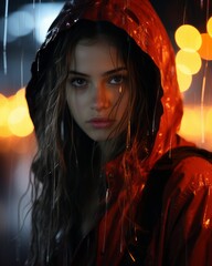 Poster - a young woman in a red rain jacket standing in the rain