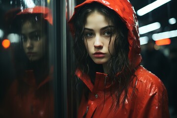 Wall Mural - a young woman in a red raincoat standing in front of a mirror