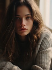 Sticker - a young woman in a sweater sitting by a window