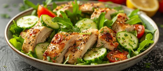 Canvas Print - Grilled Chicken Salad with Fresh Cucumber and Tomatoes