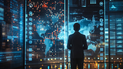 Poster - augmented reality hologram  of sales performance data management systems, futuristic digital data technology 