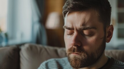 Wall Mural - Lonely and depressed adult man with eyes closed at home generative ai