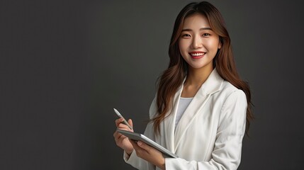 Wall Mural - Asian male executive with beatiful hair She smiled brightly and confidently stood with her arms crossed. She wore a white suit. and stand to take pictures with a gray scene - generative ai