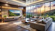 © DigitalArt Max - Modern cozy living room interior features sleek couch, large television display, and expansive panoramic window with breathtaking outdoor views.