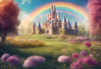 Wall Mural - lovely art princess background flower cartoon rainbow love magical childlike beautiful fashioned old wonderland meadow kingdom palace fit tale devo castle