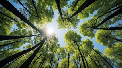 Wall Mural - Looking up Green forest. Trees with green Leaves, blue sky and sun light. Bottom view	