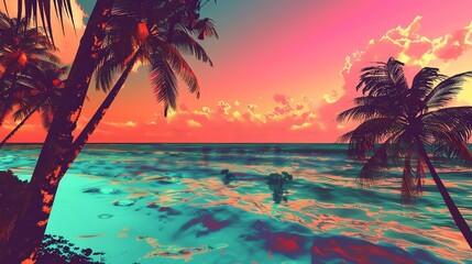 Wall Mural - Tranquil seascape with palm trees at sunset. The sky is ablaze with color, the water is calm and inviting.