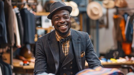 Fashion industry, black man and designer portrait of clothing tailor with business vision. Smile, startup and small business entrepreneur with happiness and business growth feeling - generative ai