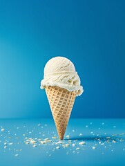 Wall Mural - Melting Vanilla Ice Cream Cone on a Blue Background