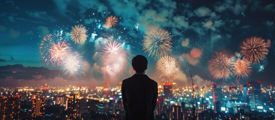 Silhouette of people watching firework display in the night sky. New year eve celebration concept.