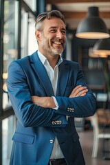 Canvas Print - happy confident middle aged business man, mature professional ceo corporate leader wearing blue suit standing in modern office with arms crossed looking away laughing - generative ai