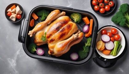 Sticker - Delicious cooked chicken and vegetables on grey marble table, flat lay with space for text. Healthy meals from air fryer created with generative ai.	