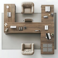 3D Illustration of a Modern Office Interior Design with Wooden Desks and Two Comfortable Armchairs