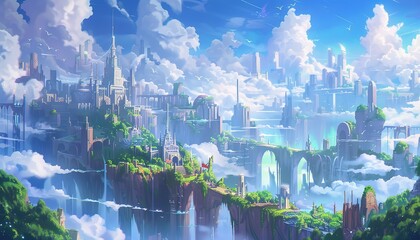 Wall Mural - Fantasy Cityscape of heaven, anime style cartoon