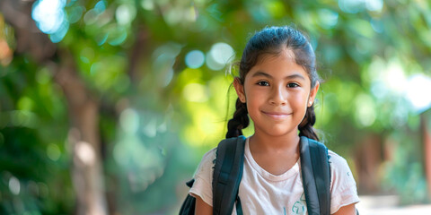 Wall Mural - Little latin girl with backpack, walking to school