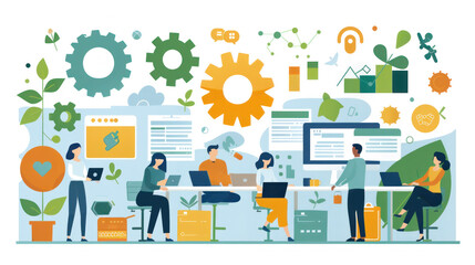 Poster - A group of people are working together in a modern office setting. The office is filled with various items such as laptops, keyboards, and mice