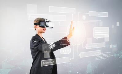 Wall Mural - Manager using Ai generate and connect with global communication. Skilled businesswoman touching while wearing VR headset or visual reality goggles while standing with holographic icon. Contraption.