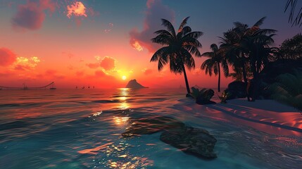 Wall Mural - Amazing vivid sunset over calm sea with palm trees on sandy beach.