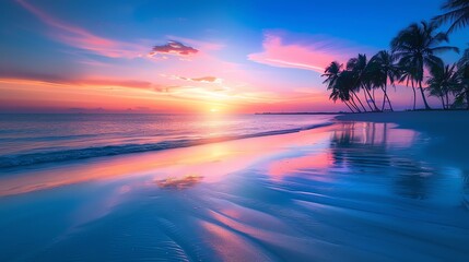 Wall Mural - Amazing vivid sunset over calm sea. Pink, blue and violet colors of sky and their reflection on water surface.