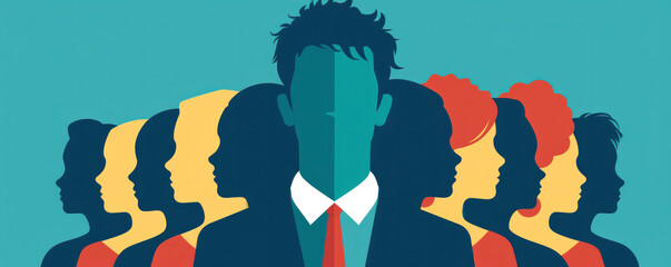 Poster - A group of people are standing in a line, with one man in the middle wearing a tie. Concept of unity and teamwork, as the people are all dressed similarly