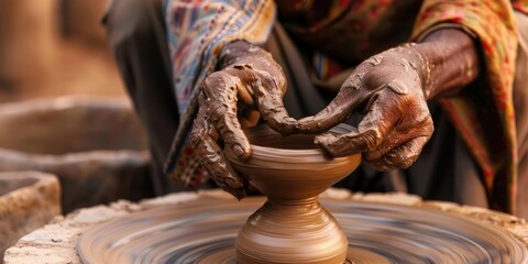 Wall Mural - A potter skillfully molds a clay pot on a pottery wheel, bathed in warm light, in a rustic workshop setting. AIG62