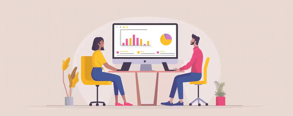 Poster - A man and a woman are sitting at a desk with a computer monitor in front of them. The woman is wearing a yellow shirt and the man is wearing a red shirt. They are both looking at the computer screen