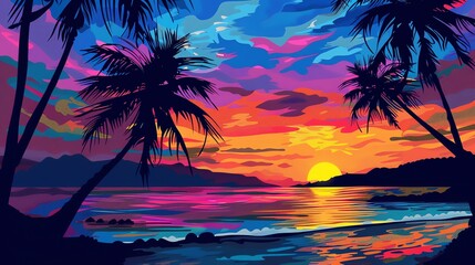 Wall Mural - vibrant colors of a tropical sunset, with palm trees in silhouette against a backdrop of pink, purple, and blue sky.