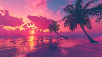 Wall Mural - The setting sun casts a pink glow on the beach and palm trees. The sky is a deep blue and the water is a light blue.