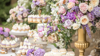 wedding decor with lavender theme, floral decoration design and beautiful decor setting arrangement 