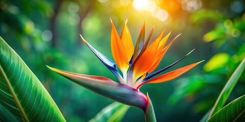 Vibrant bird of paradise flower in full bloom on a green tropical background, exotic, colorful, beautiful, tropical, blossom